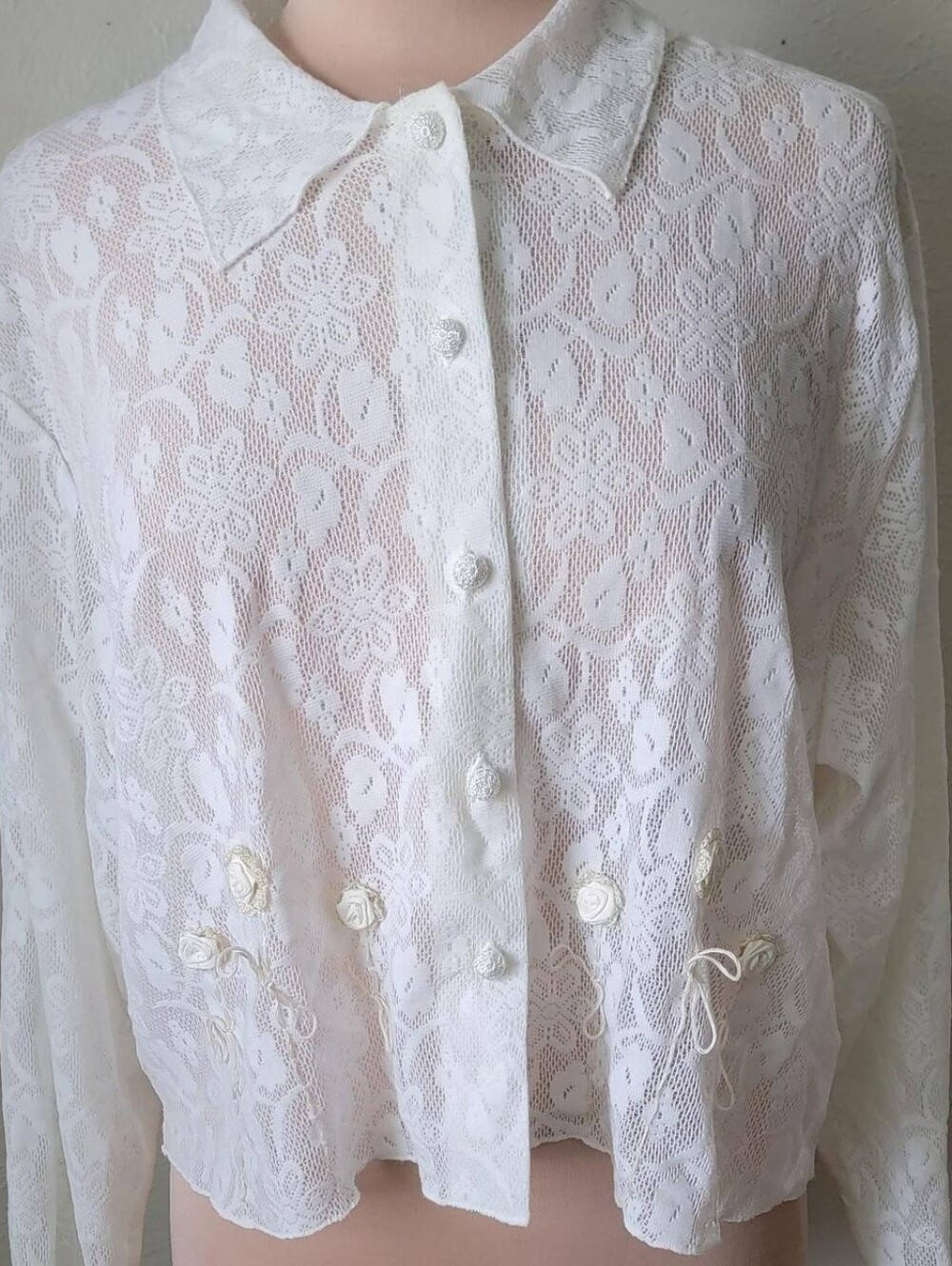 Vintage Sheer White Lace Button-Up Blouse With 3-D Flowers Fairy Boho Cottage